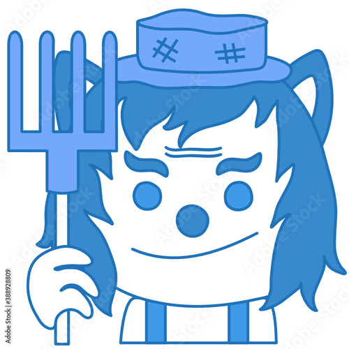 smirking wolf farmer wearing overalls, old worn patched straw hat and holding hayfork or pitchfork, simplistic facial expression vector illustration, simple hand drawn emoticon