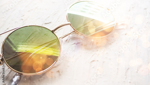 banner mirrored glasses with reflection on a white background, space for text