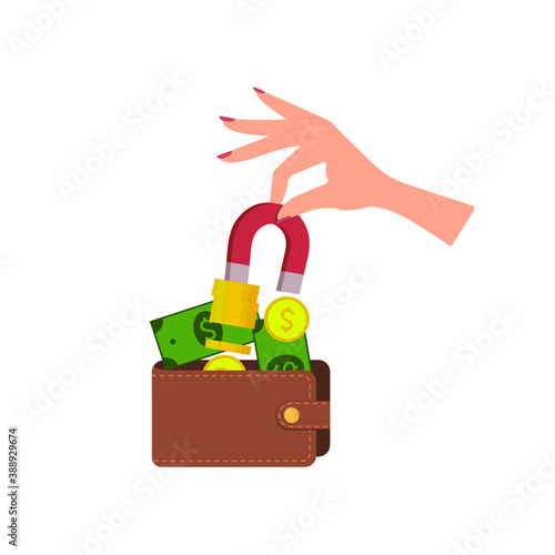 A woman's hand holds a magnet and pulls money out of the wallet. Concept: fraud, theft, extortion. Vector flat cartoon illustration isolated on white background, eps 10.