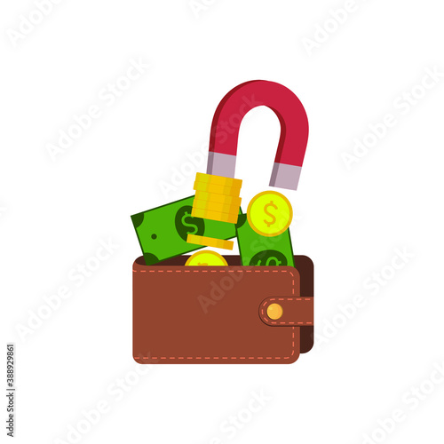 The magnet pulls money out of the wallet. Coins and bills fly out of the wallet and stick to the magnet. Concept: extortion, fraud. Vector flat cartoon illustration isolated on white background, eps.