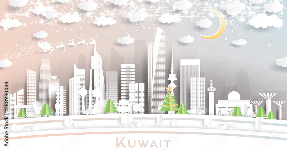 Fototapeta premium Kuwait City Skyline in Paper Cut Style with Snowflakes, Moon and Neon Garland.