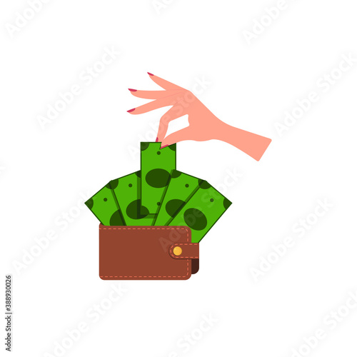 A woman's hand pulls out money from a wallet. Vector illustration, flat cartoon color minimal design isolated on white background, eps 10.