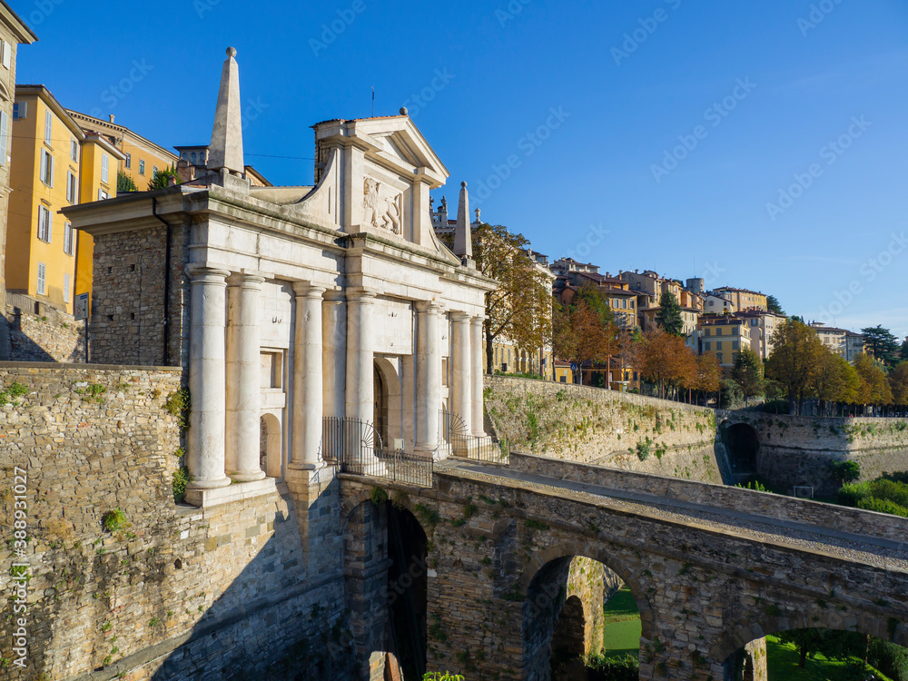 Bergamo, Italy. The old town. Amazing landscape at the ancient gate Porta San Giacomo. Bergamo one of the most beautiful cities in Italy