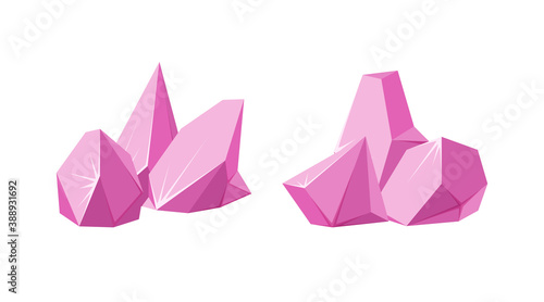 Crystals broken into pieces. Set of smashed ruby crystals. Broken gemstones or pink rocks. Vector illustration in cartoon style