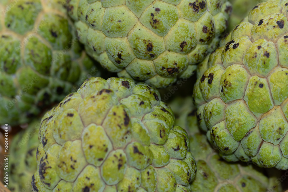 Obraz premium Close up Macro image of fresh Apples, Bananas and custard apples