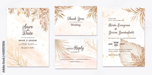 Wedding invitation template set with brown and peach dried floral and leaves decoration. Botanic card design concept