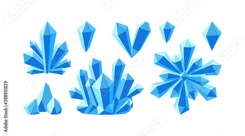 Crystals and blue gemstones. Set of stalagmite, snowflake and ice crystals. Frozen gems of various shapes. Vector illustration in cartoon style