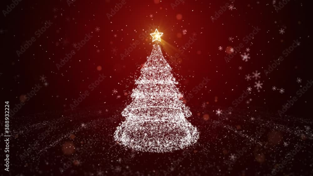 White Christmas tree with particle and shining light. with a depth of field focus, falling snowflakes and stars. Christmas or New Year background Concept White Christmas tree with particle and shining light. with a depth of field focus, falling snowflakes and stars. Christmas or New Year background Concept