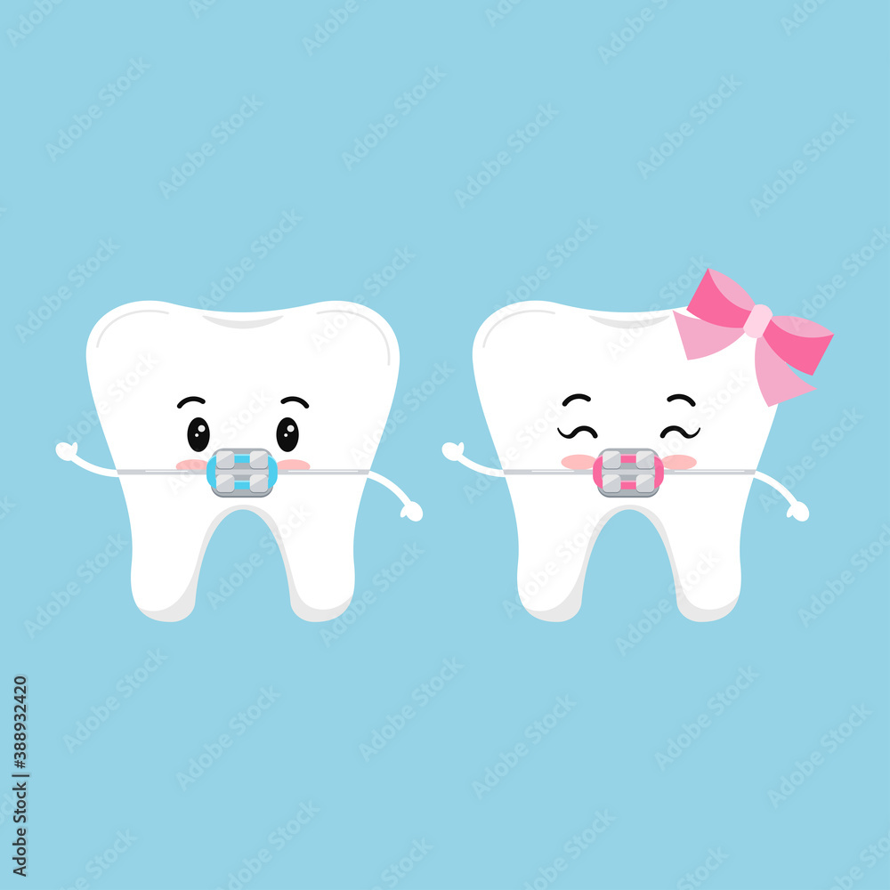 Cute tooth with dental braces character set. Dental braces on white cute smilling teeth treatment concept. Baby boy and girl sign. Vector flat design cartoon style kid tooth mascot illustration. Cute tooth with dental braces character set. Dental braces on white cute smilling teeth treatment concept. Baby boy and girl sign. Vector flat design cartoon style kid tooth mascot illustration.