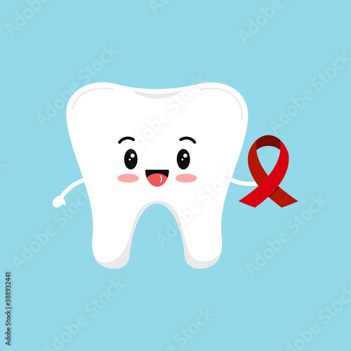 Tooth with red aids ribbon. Vector cute tooth holding hiv awareness sign - support solidarity disease control symbol. World aids day dental prevention concept. Flat design cartoon style illustration.