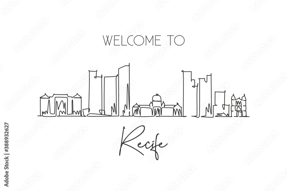One single line drawing of Recife city skyline, Brazil. World historical town landscape postcard. Best place holiday destination. Editable stroke trendy continuous line draw design vector illustration