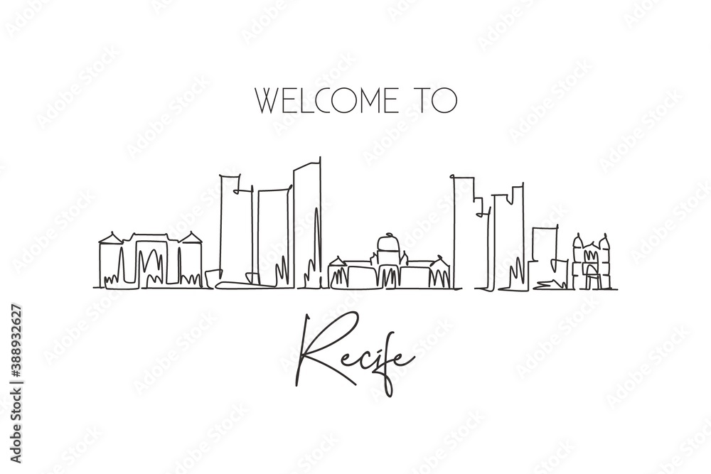One single line drawing of Recife city skyline, Brazil. World historical town landscape postcard. Best place holiday destination. Editable stroke trendy continuous line draw design vector illustration One single line drawing of Recife city skyline, Brazil. World historical town landscape postcard. Best place holiday destination. Editable stroke trendy continuous line draw design vector illustration