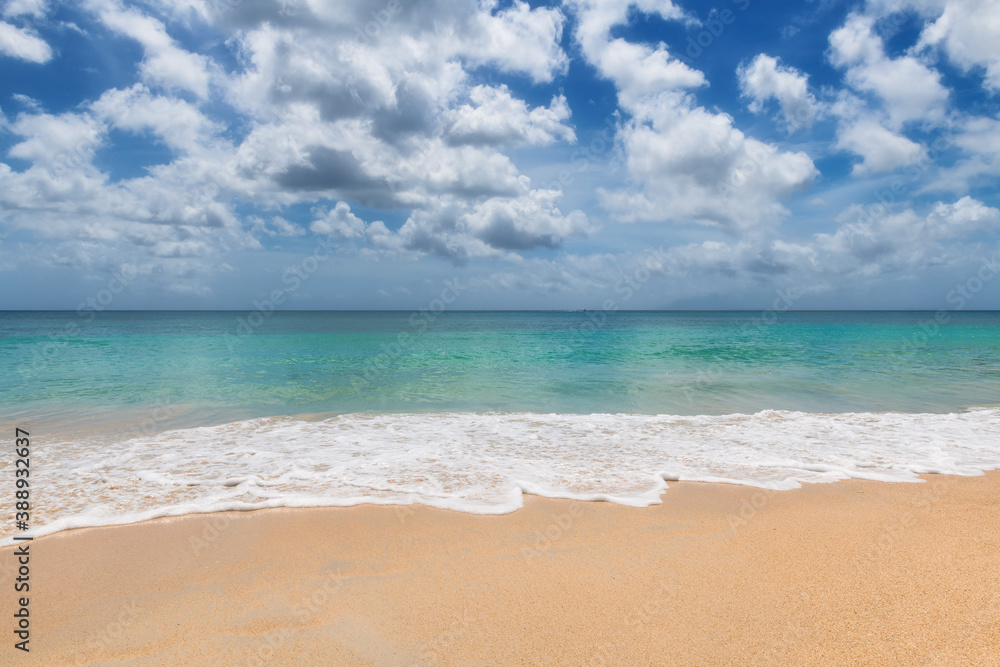 Tropical paradise beach with warm sand and turquoise sea wave in paradise island. Tropical beach background.