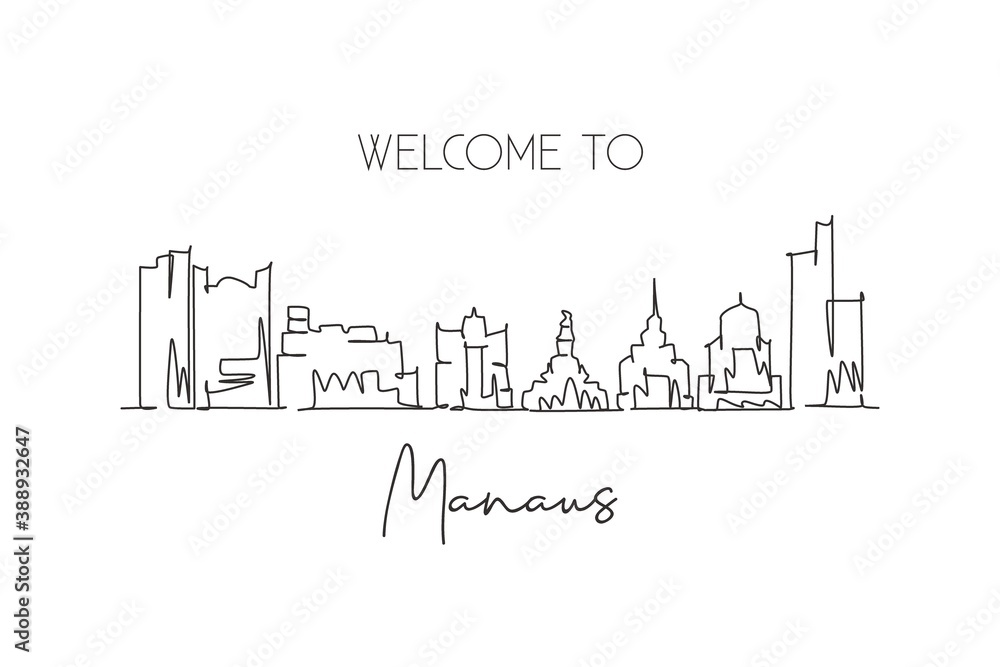 One continuous line drawing of Manaus city skyline, Brazil. Beautiful landmark postcard. World landscape tourism travel vacation. Editable stylish stroke single line draw design vector illustration