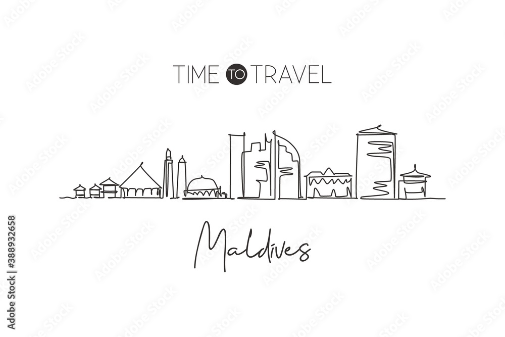 One single line drawing of Male city skyline, Maldives. World town landscape home wall decor poster print art. Best place holiday destination. Trendy continuous line draw design vector illustration
