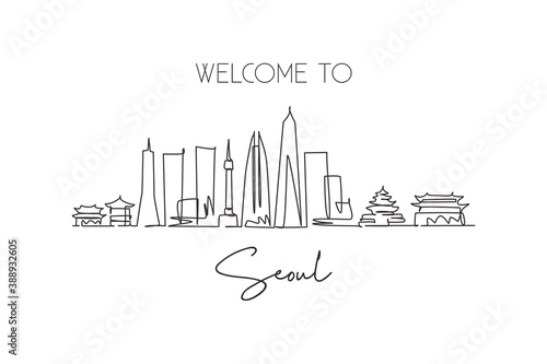 One single line drawing of Seoul city skyline, South Korea. World town landscape postcard print. Best place holiday destination. Editable stroke trendy continuous line draw design vector illustration