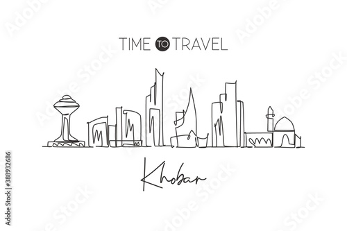 One continuous line drawing Khobar city skyline, Saudi Arabia. Beautiful landmark home decor poster print. World landscape tourism travel vacation. Stylish single line draw design vector illustration photo