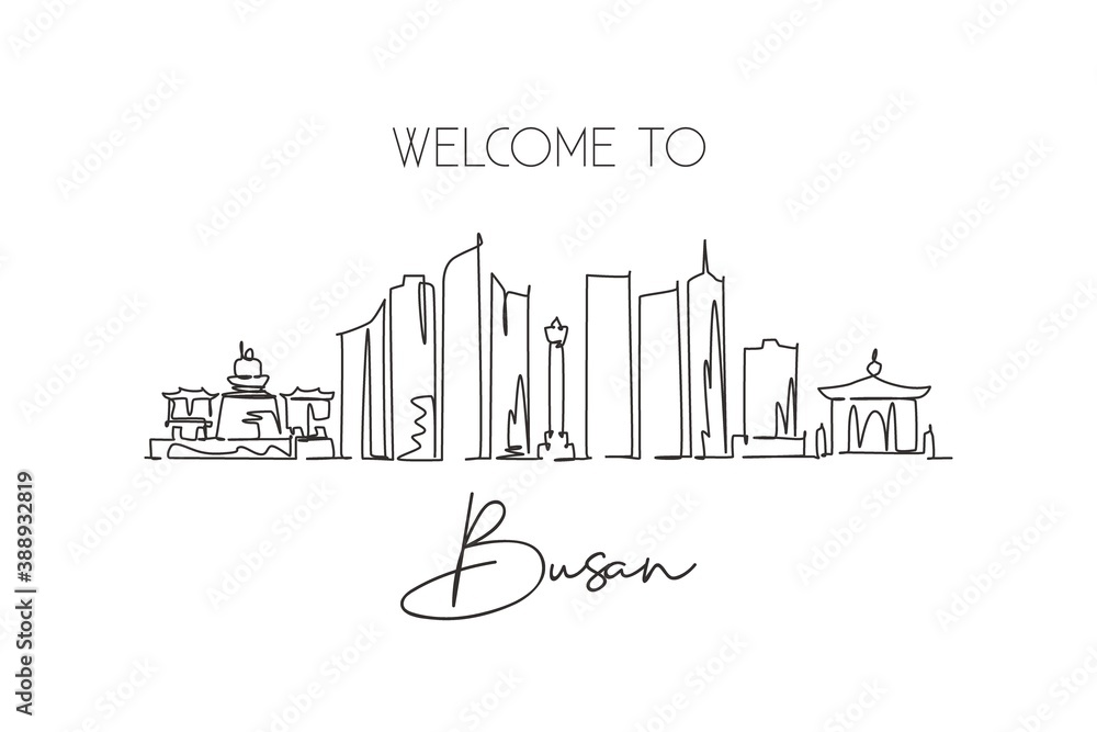 One single line drawing Busan city skyline, South Korea. World town landscape home decor poster print wall art. Best place holiday destination. Trendy continuous line draw design vector illustration