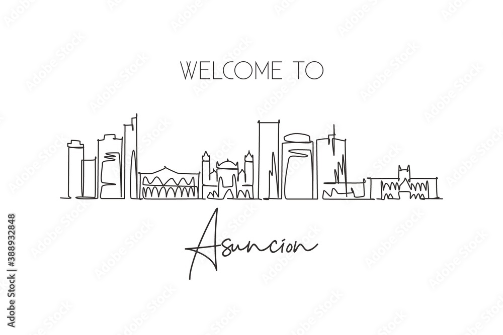 One continuous line drawing Asunción city skyline, Paraguay. Beautiful landmark postcard. World landscape tourism travel vacation. Editable stylish stroke single line draw design vector illustration