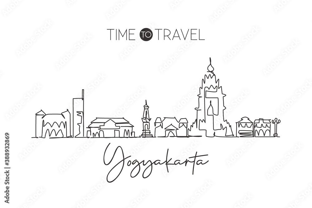 One single line drawing Yogyakarta city skyline Indonesia. World town landscape home wall decor poster print art. Best place holiday destination. Trendy continuous line draw design vector illustration