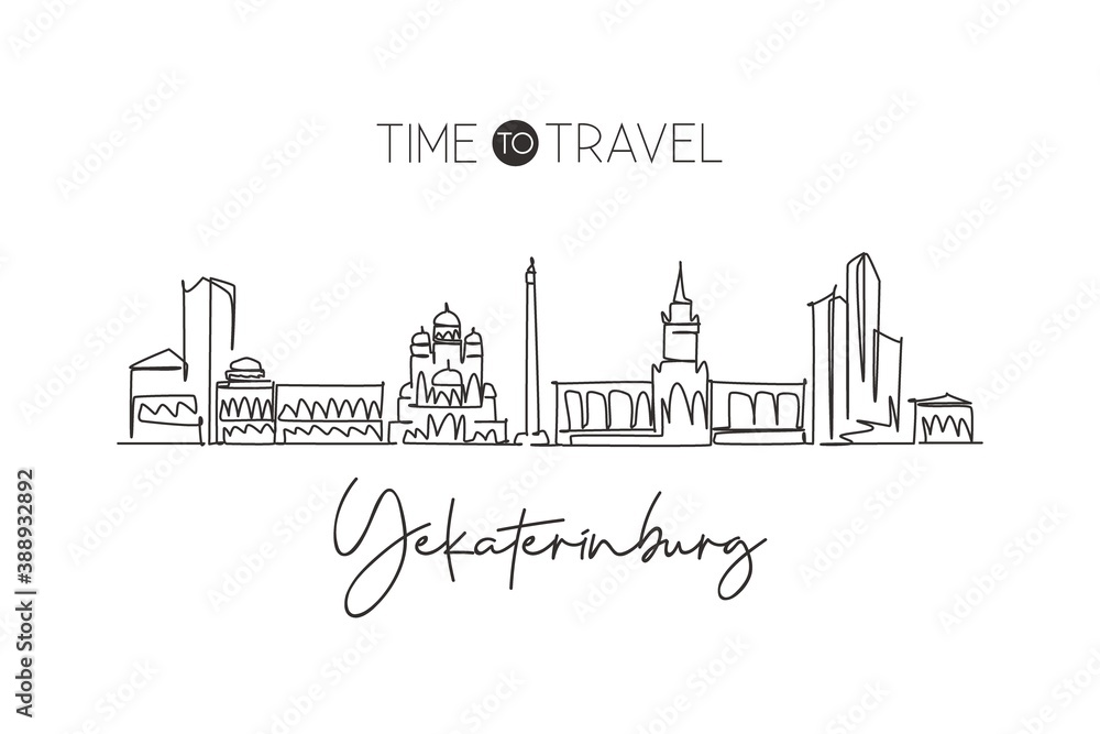 One single line drawing Yekaterinburg city skyline, Russia. World town landscape home wall decor poster print. Best place holiday destination. Trendy continuous line draw design vector illustration