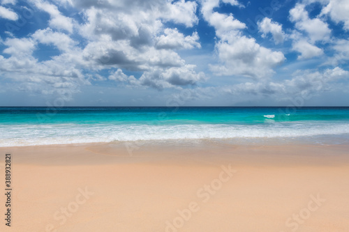 Tropical paradise beach with warm sand and turquoise sea in paradise island. Tropical beach background. © lucky-photo