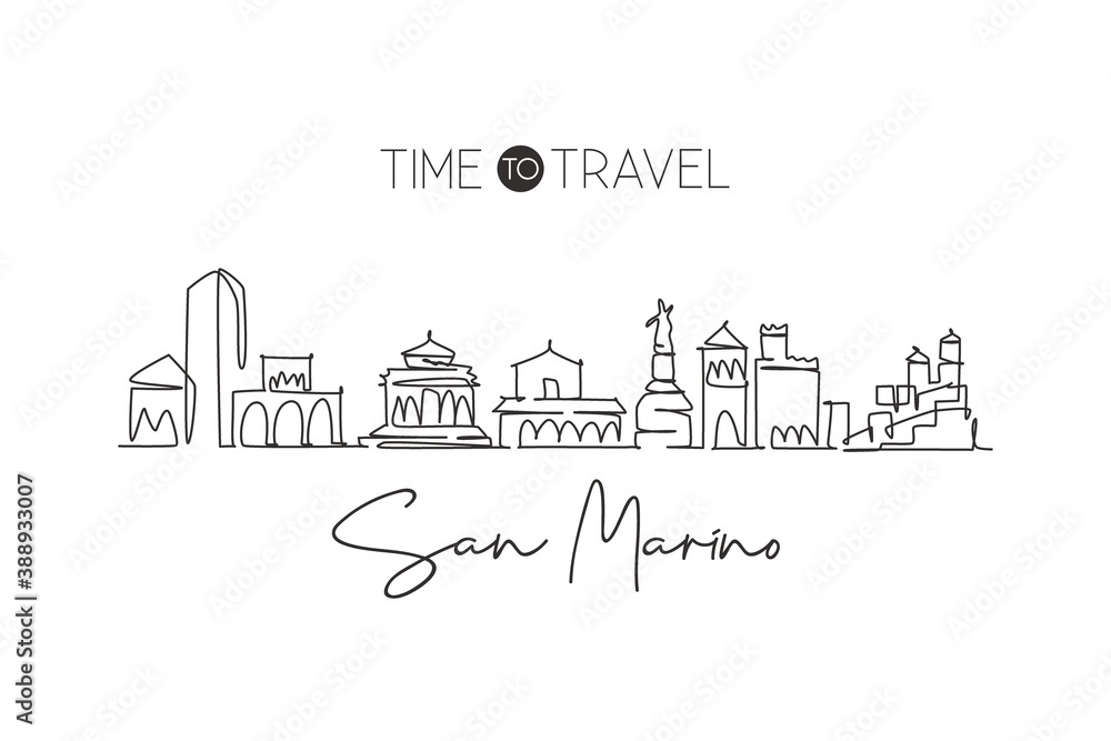 Single continuous line drawing San Marino city skyline, San Marino. Famous city scraper landscape. World travel destination postcard. Editable stroke modern one line draw design vector illustration Single continuous line drawing San Marino city skyline, San Marino. Famous city scraper landscape. World travel destination postcard. Editable stroke modern one line draw design vector illustration