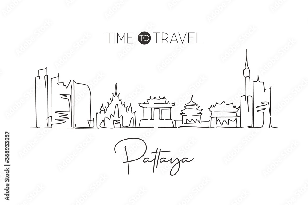 One single line drawing Pattaya city skyline, Thailand. World town landscape home wall decor poster print art. Best place holiday destination. Trendy continuous line draw design vector illustration