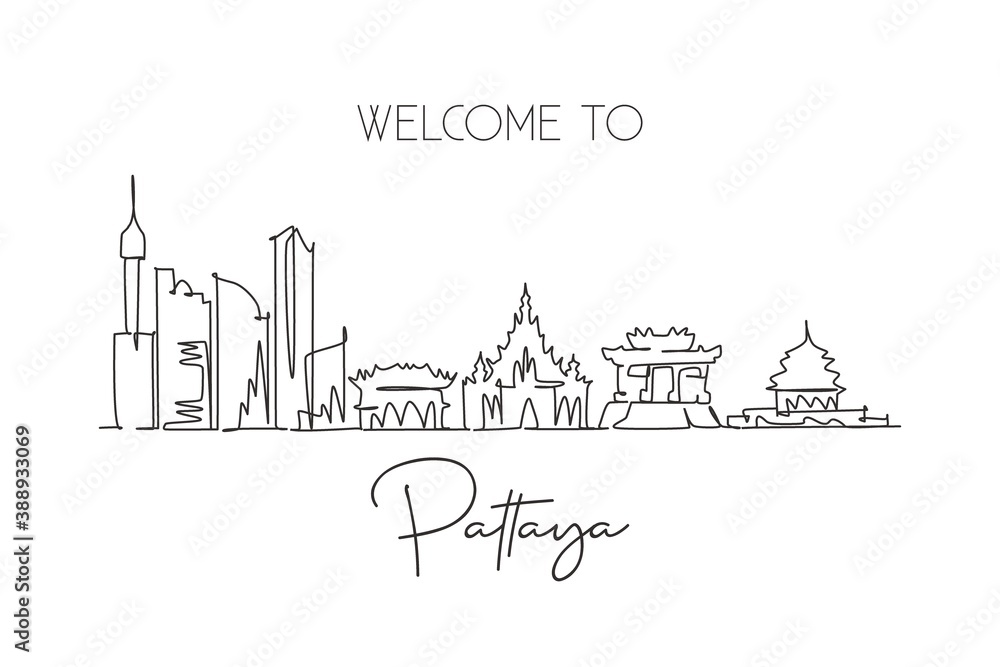 Single continuous line drawing of Pattaya skyline, Thailand. Famous city scraper landscape postcard. World travel destination concept. Editable stroke modern one line draw design vector illustration