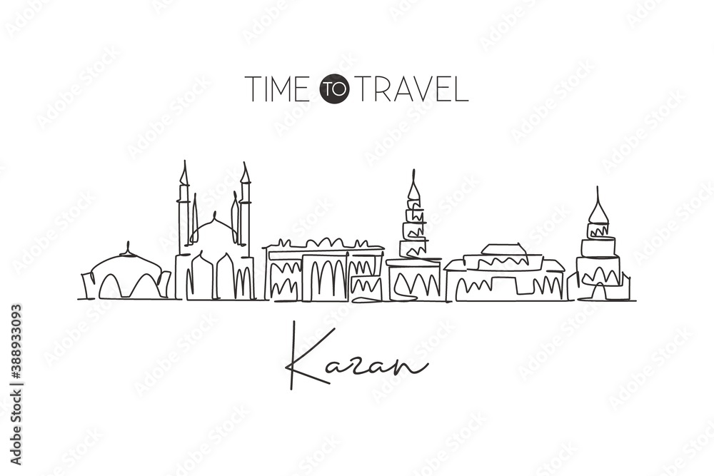 One continuous line drawing of Kazan skyline, Russia. Beautiful landmark home decor wall art poster print. World landscape tourism travel vacation. Stylish single line draw design vector illustration
