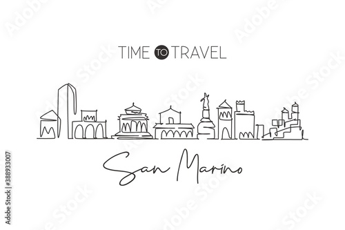 Single continuous line drawing San Marino city skyline, San Marino. Famous city scraper landscape. World travel destination postcard. Editable stroke modern one line draw design vector illustration