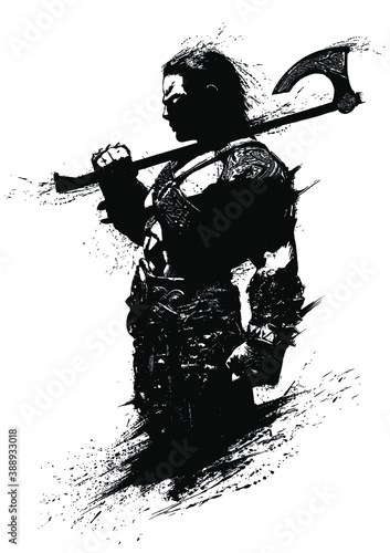 A sinister, muscular Scandinavian warrior with an axe stands proudly in profile with his back straight. 2D illustration