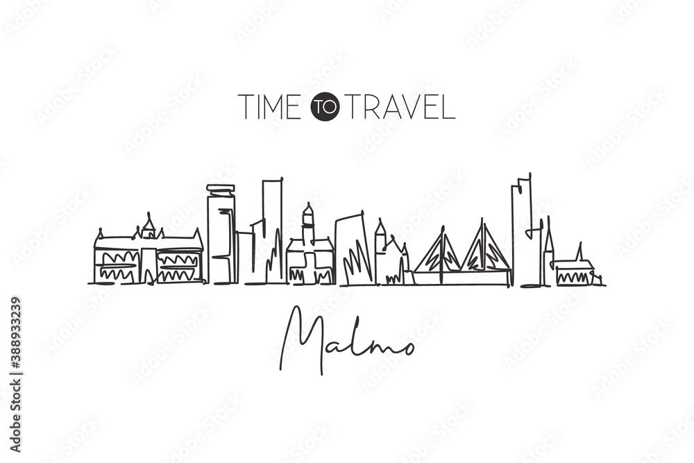 Single continuous line drawing of Malmo skyline, Sweden. Famous city scraper landscape. World travel destination home decor wall poster print concept. Modern one line draw design vector illustration