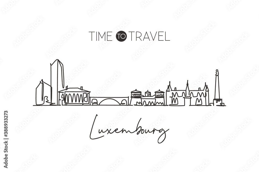 Single continuous line drawing Luxembourg city skyline. Famous city scraper landscape home wall decor poster print. World travel destination concept. Modern one line draw design vector illustration