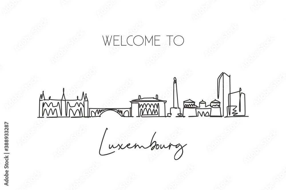 One continuous line drawing of Luxembourg city skyline. Beautiful landmark. World landscape tourism and travel vacation postcard. Editable stylish stroke single line draw design vector illustration