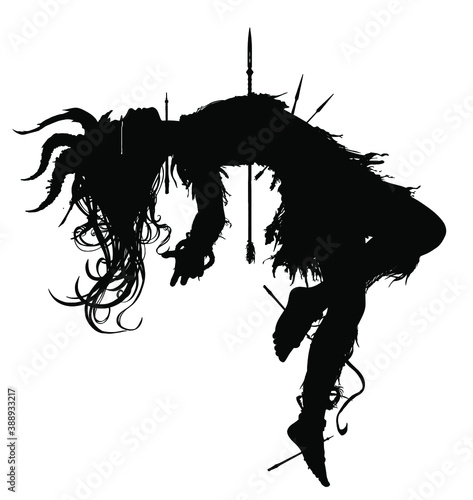 The silhouette of a little demon girl flying up in weightlessness, her body pierced by arrows, she is crying. 2D illustration