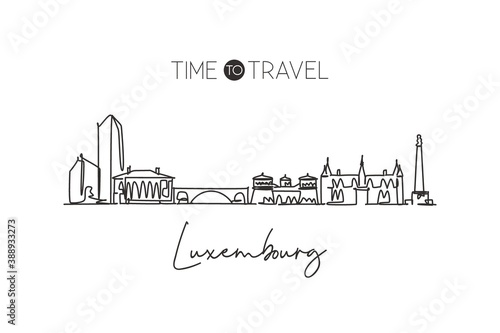 Single continuous line drawing Luxembourg city skyline. Famous city scraper landscape home wall decor poster print. World travel destination concept. Modern one line draw design vector illustration