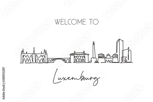 One continuous line drawing of Luxembourg city skyline. Beautiful landmark. World landscape tourism and travel vacation postcard. Editable stylish stroke single line draw design vector illustration