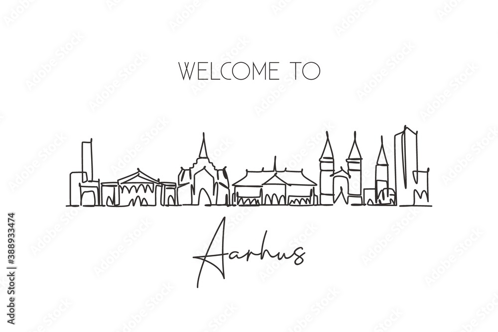 One single line drawing Aarhus city skyline, Denmark. World historical town landscape postcard. Best place holiday destination. Editable stroke trendy continuous line draw design vector illustration