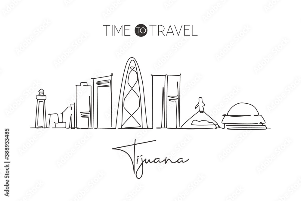 One single line drawing of Tijuana city skyline, Mexico. World town landscape home wall decor poster art print. Best place holiday destination. Trendy continuous line draw design vector illustration