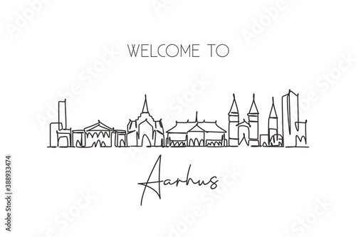 One single line drawing Aarhus city skyline, Denmark. World historical town landscape postcard. Best place holiday destination. Editable stroke trendy continuous line draw design vector illustration