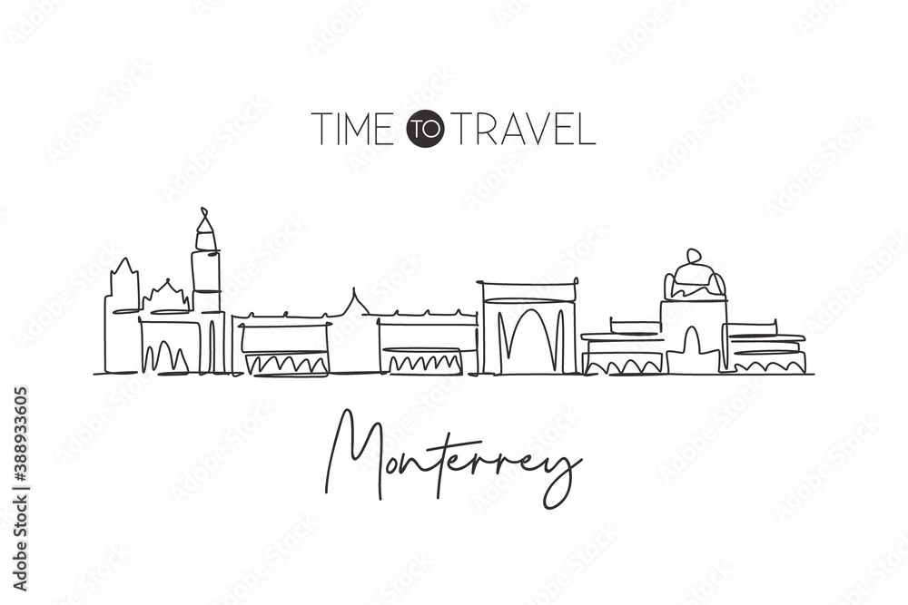 One single line drawing of Monterrey city skyline, Mexico. World town landscape home decor wall art poster print. Best place holiday destination. Trendy continuous line draw design vector illustration One single line drawing of Monterrey city skyline, Mexico. World town landscape home decor wall art poster print. Best place holiday destination. Trendy continuous line draw design vector illustration
