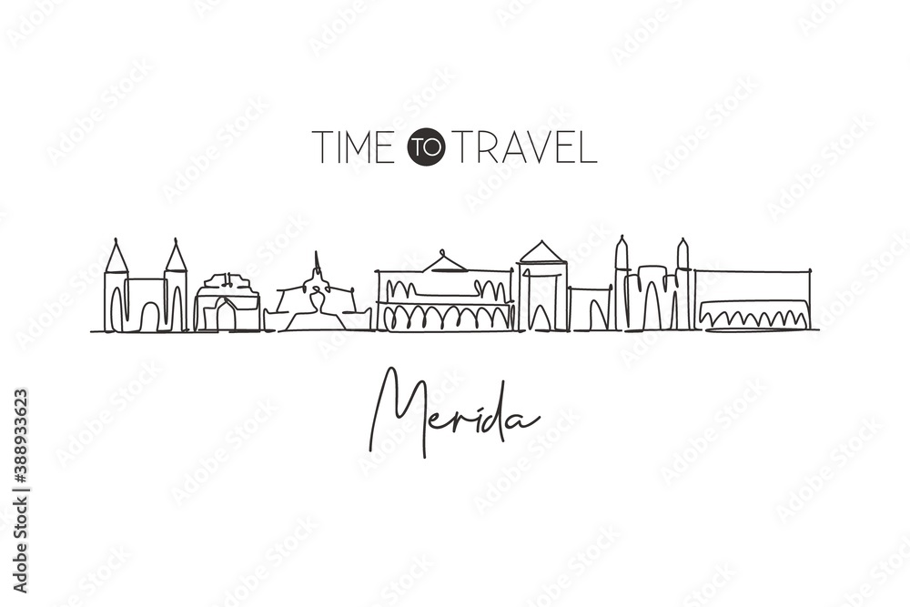 One continuous line drawing of Merida city skyline, Mexico. Beautiful landmark home decor poster print. World landscape tourism and travel vacation. Stylish single line draw design vector illustration