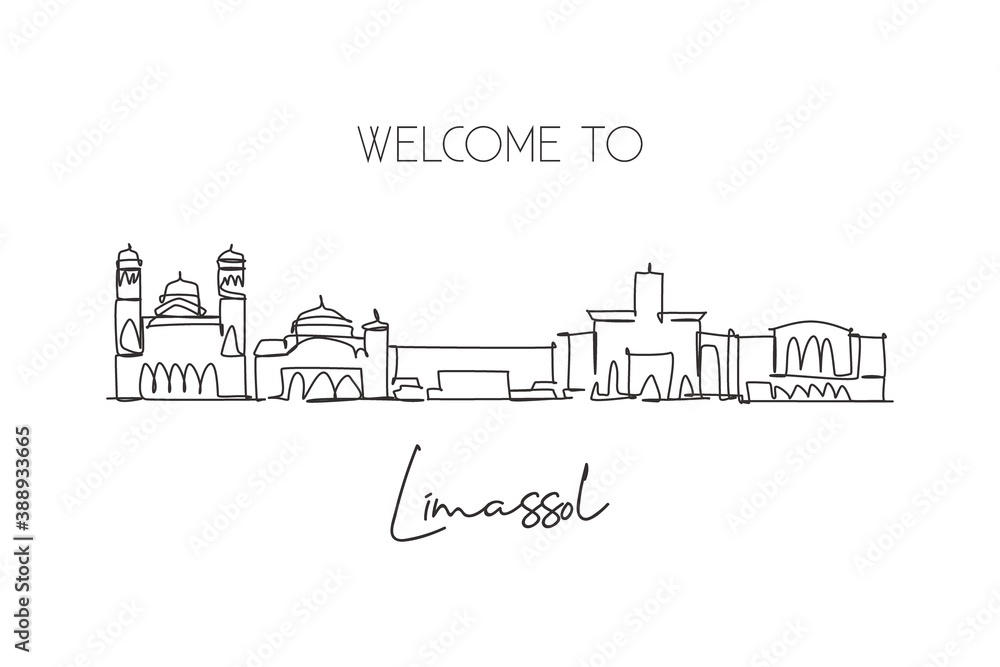 Fototapeta premium One continuous line drawing Limassol city skyline, Cyprus. Beautiful landmark postcard. World landscape tourism and travel vacation. Editable stylish stroke single line draw design vector illustration