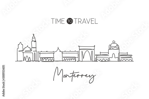 One single line drawing of Monterrey city skyline, Mexico. World town landscape home decor wall art poster print. Best place holiday destination. Trendy continuous line draw design vector illustration