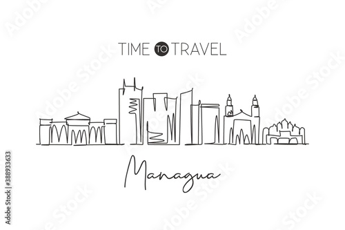One single line drawing Managua city skyline, Nicaragua. World town landscape home wall decor poster print art. Best place holiday destination. Trendy continuous line draw design vector illustration