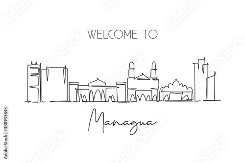 Single continuous line drawing of Managua skyline, Nicaragua. Famous city scraper landscape. World travel destination postcard concept. Editable stroke modern one line draw design vector illustration