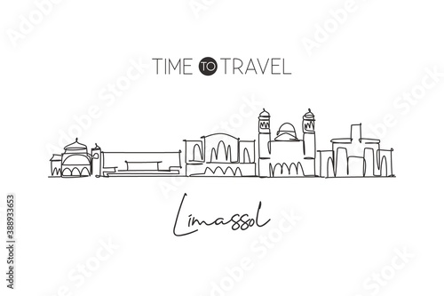 Single continuous line drawing Limassol skyline, Cyprus. Famous city scraper landscape. World travel destination home wall decor poster print concept. Modern one line draw design vector illustration