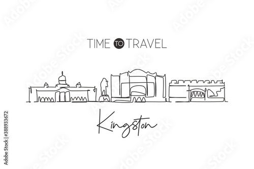 One continuous line drawing Kingston city skyline Jamaica. Beautiful landmark home wall decor poster print. World landscape tourism travel vacation. Stylish single line draw design vector illustration