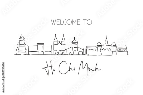 Single continuous line drawing Ho Chi Minh skyline, Vietnam. Famous city scraper landscape. World travel destination concept postcard. Editable stroke modern one line draw design vector illustration